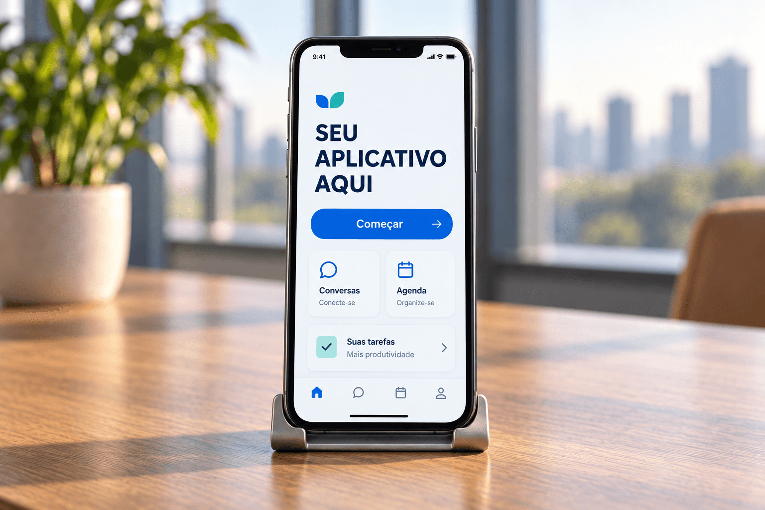 Celular com exemplo de aplicativo personalizado para conversas, agenda e tarefas