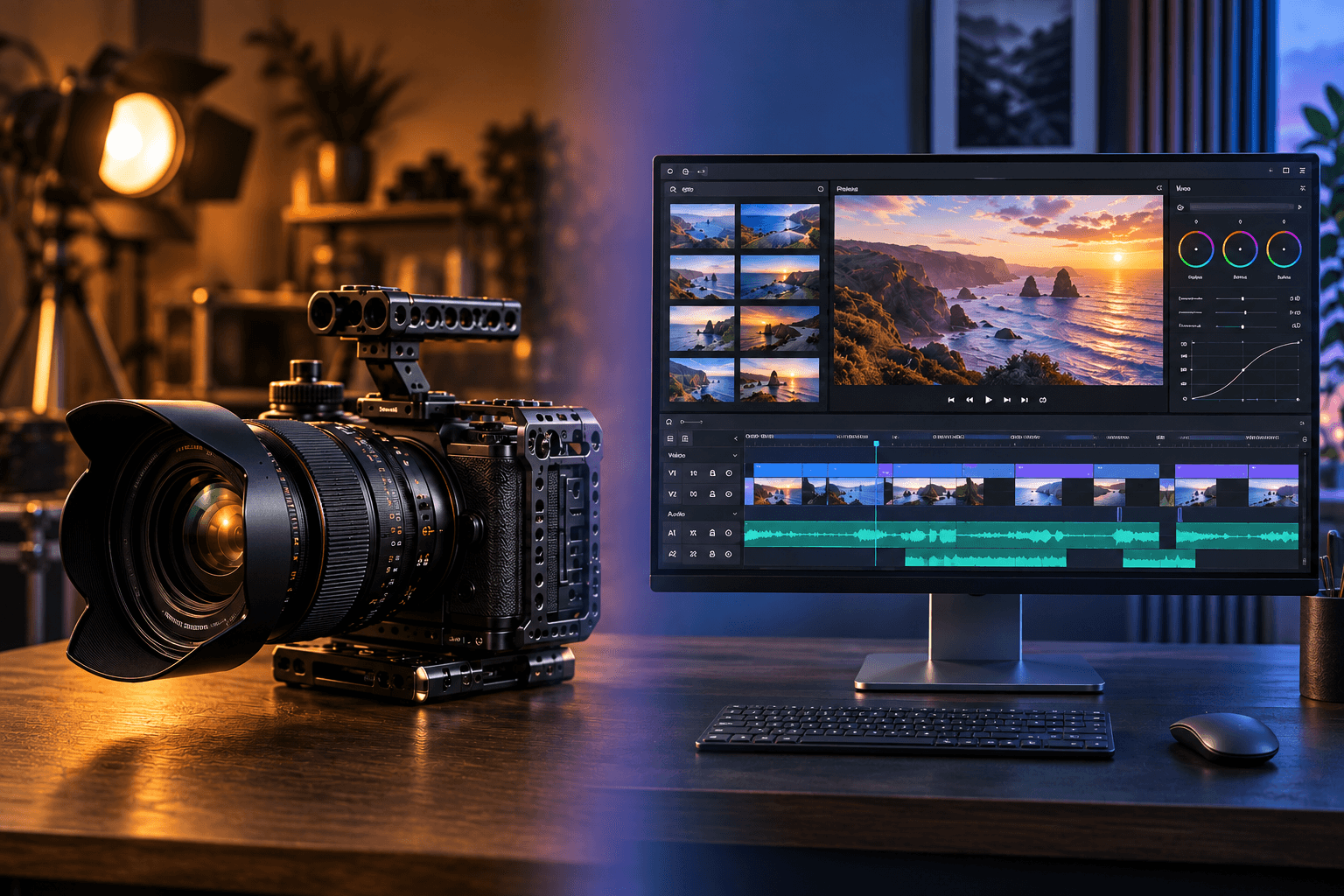 Câmera profissional ao lado de um monitor com edição de vídeo, linha do tempo e correção de cores