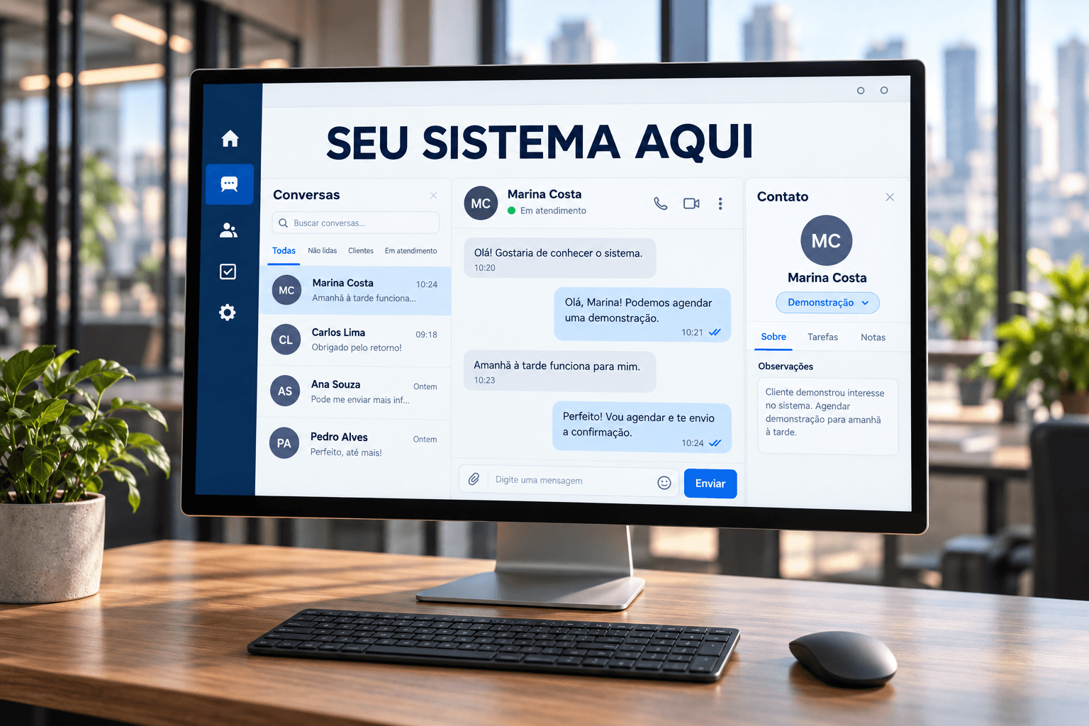 Monitor com exemplo de sistema personalizado de atendimento e gestão de conversas
