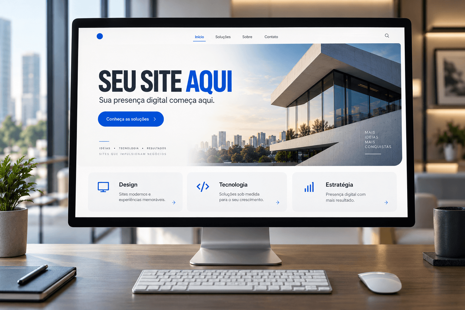 Monitor com exemplo de site institucional, apresentando soluções de design, tecnologia e estratégia